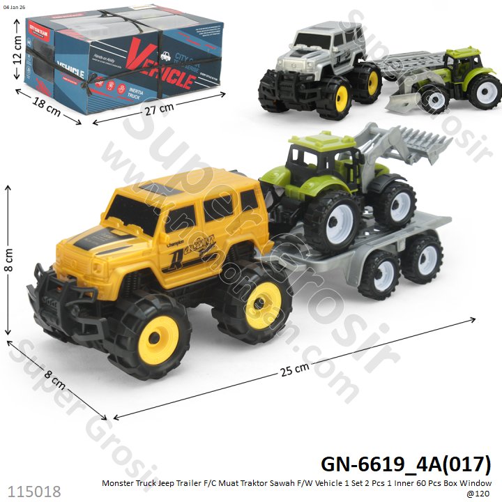 Monster Truck Jeep Trailer F/C Muat Traktor Sawah F/W Vehicle 1 Set 2 Pcs 1 Inner 60 Pcs Box Window @120