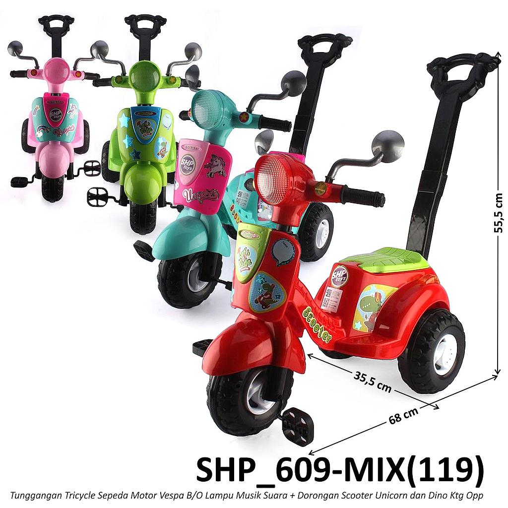 Tunggangan Sepeda Motor Vespa B/O Suara Musik Lagu Anak Lampu + Dorongan Scooter Unicorn dan Dino Ktg Opp @4