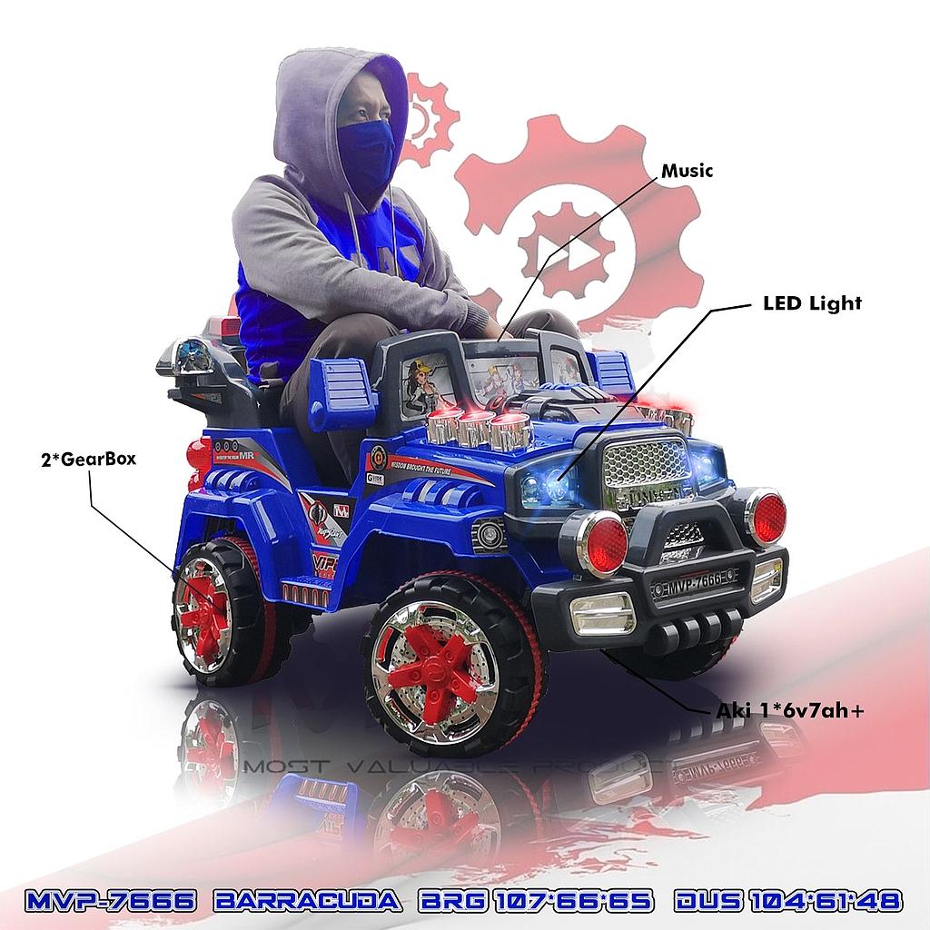 Mobil Aki Jeep Baracuda Biru Musik Lagu Lampu + Remote 49 Mhz Box @1