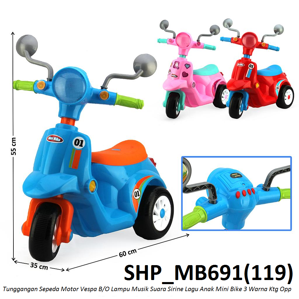 Tunggangan Motor Vespa B/O Suara Sirine Musik Lagu Anak Lampu Mini Bike Ktg Opp @6
