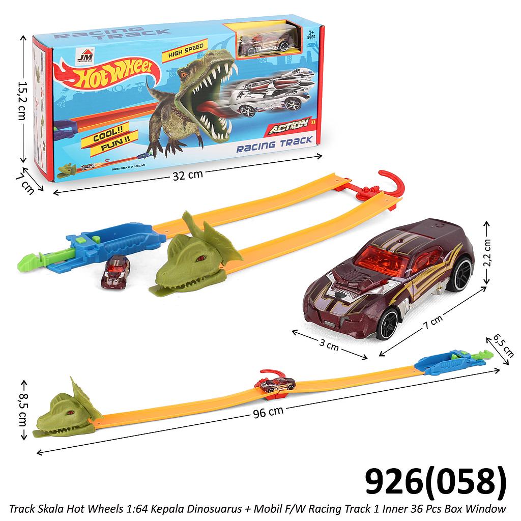 Track Mobil Skala Hot Wheels 1:64 Kepala Dinosuarus + Mobil 1 Pcs F/W Racing Track 1 Inner 36 Pcs Box Window @72