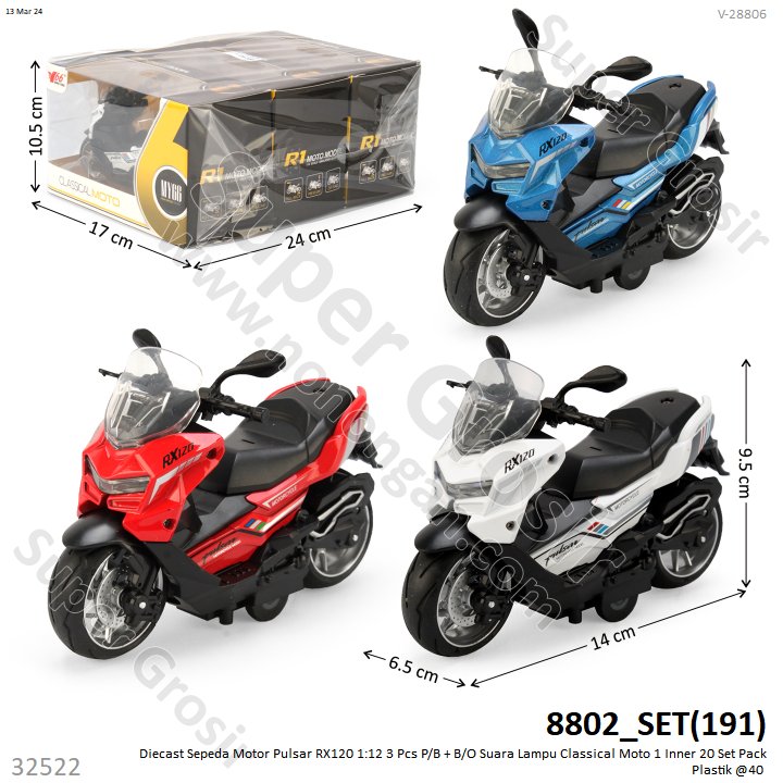 Diecast Sepeda Motor Pulsar RX120 1:12 3 Pcs P/B + B/O Suara Lampu Classical Moto 1 Inner 20 Set Pack Plastik @40