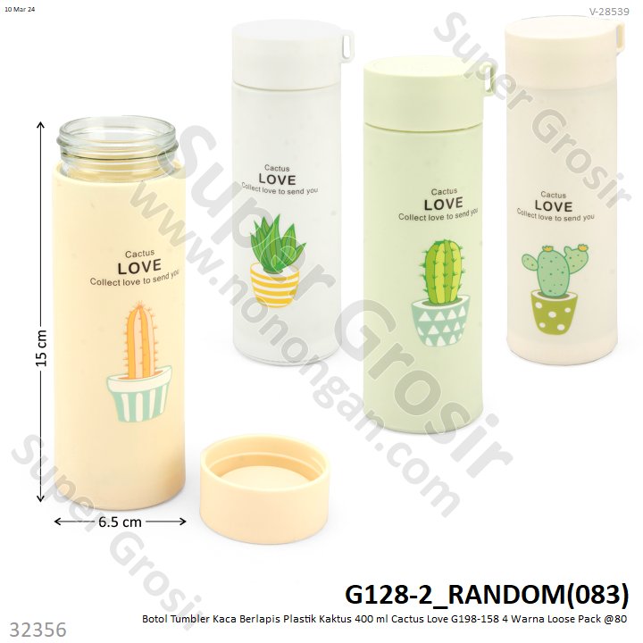 Botol Tumbler Kaca Berlapis Plastik Kaktus 400 ml Cactus Love G198-158 4 Warna Loose Pack @80