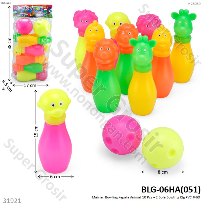 Bowling Set Kepala Hewan Bola Bowling 2 Pcs dan Botol 10 Pcs Ktg PVC @60