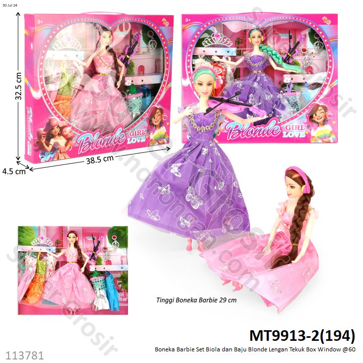 Boneka Barbie Set Biola dan Baju Blonde Lengan Tekuk Box Window @60