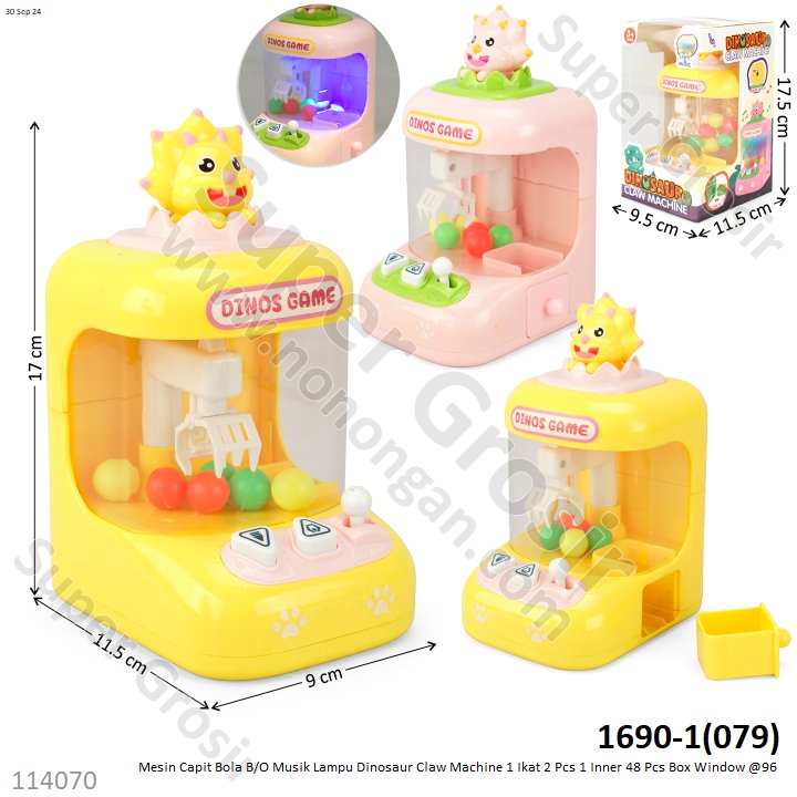Mesin Capit Bola B/O Musik Lampu Dinosaur Claw Machine 1 Ikat 2 Pcs 1 Inner 48 Pcs Box Window @96