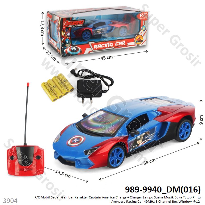 R/C Mobil Sedan Lamborghini Captain America Charge + Charger Lampu Suara Musik Buka Tutup Pintu Avengers Racing Car 34 cm 49 MHz 5 Channel Box Window @12