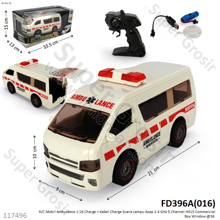 R/C Mobil Ambulance 1:16 Charge + Kabel Charge Suara Lampu Asap 2.4 GHz 5 Channel H415 Commercial Box Window @36