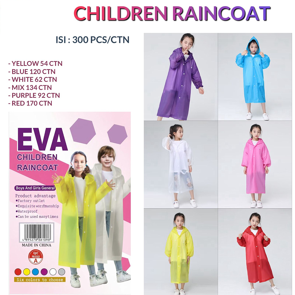 Jas Hujan Anak Poncho Eva Children Raincoat 1 Ikat 5 Pcs Ktg Opp @300