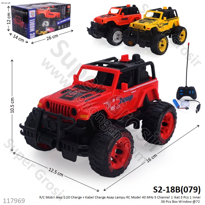 R/C Mobil Jeep 1:20 Charge + Kabel Charge Asap Lampu RC Model 40 MHz 5 Channel 1 Ikat 3 Pcs 1 Inner 36 Pcs Box Window @72