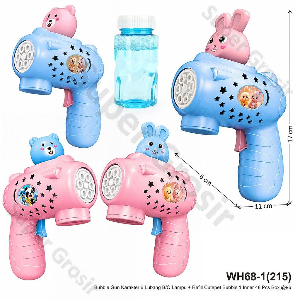 Bubble Gun Karakter 6 Lubang B/O Lampu + Refill Cutepet Bubble 1 Inner 48 Pcs Box @96