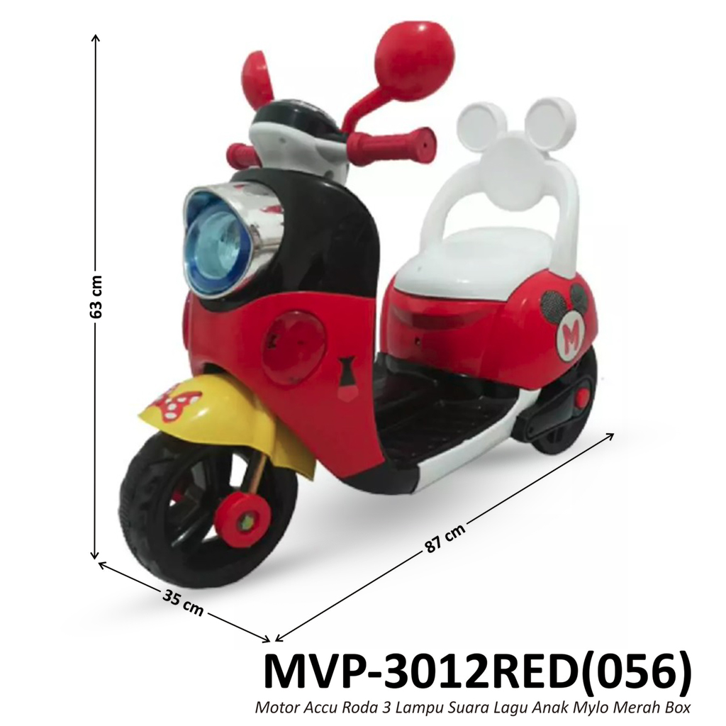 Tunggangan Sepeda Motor Aki Vespa Mickey Mouse Merah Lampu Suara Lagu + Remote Mylo Box @1